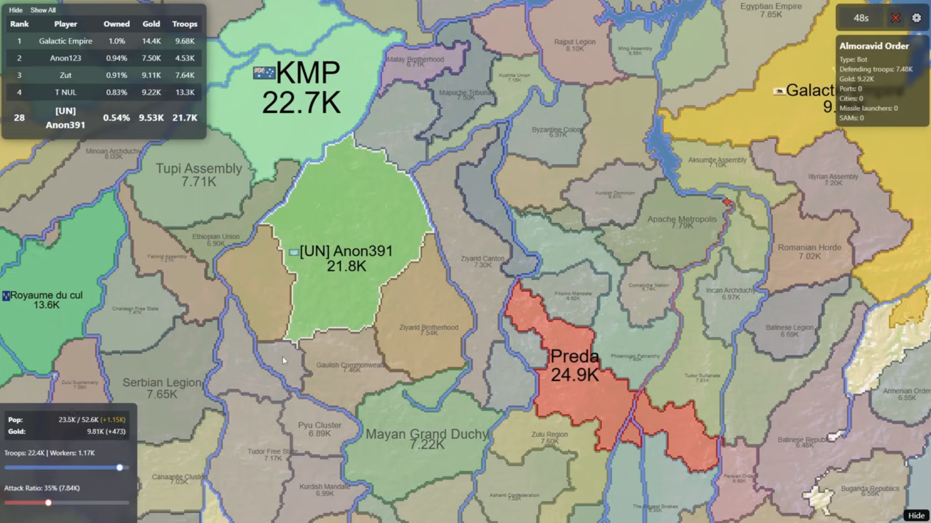 FrontWars Game Combat Guide: Screenshot showing an aerial attack, illustrating the Area-of-Effect (Damage Logic) on clustered ground units.